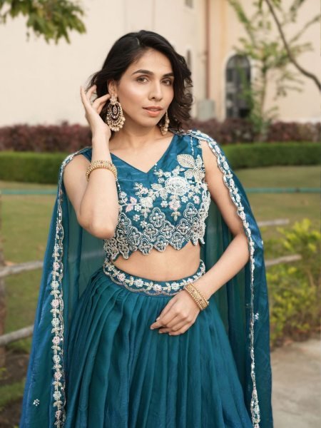 Upscale Teal Blue Women's Fendy Silk Lehenga Choli with Heavy Beads Work for Bridal Wear Designer Lehenga Choli