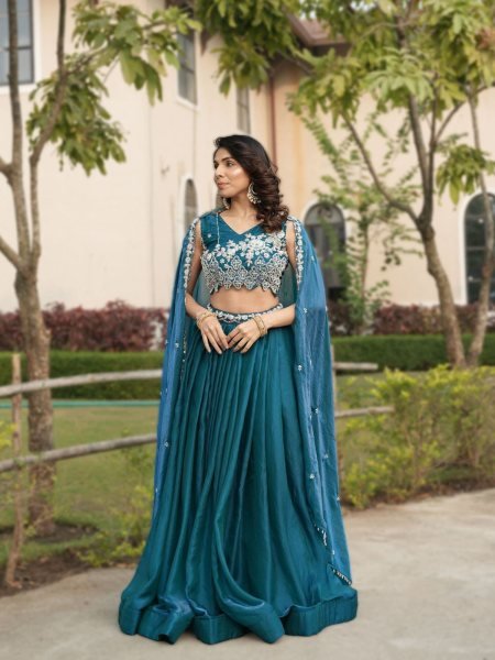 Upscale Teal Blue Women's Fendy Silk Lehenga Choli with Heavy Beads Work for Bridal Wear Designer Lehenga Choli