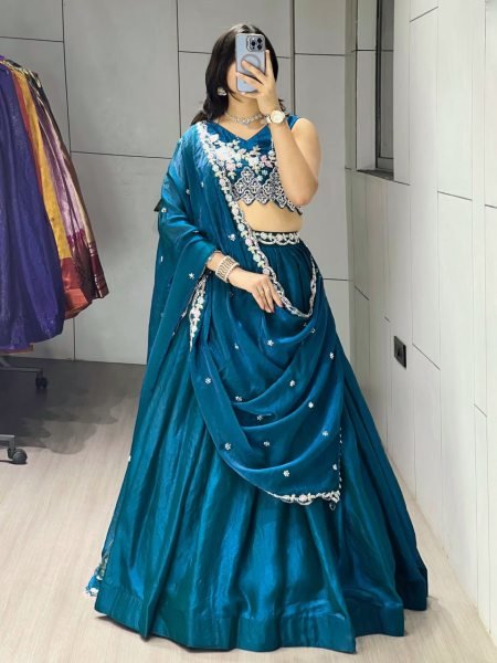 Upscale Teal Blue Women's Fendy Silk Lehenga Choli with Heavy Beads Work for Bridal Wear Designer Lehenga Choli