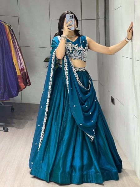 Upscale Teal Blue Women's Fendy Silk Lehenga Choli with Heavy Beads Work for Bridal Wear Designer Lehenga Choli