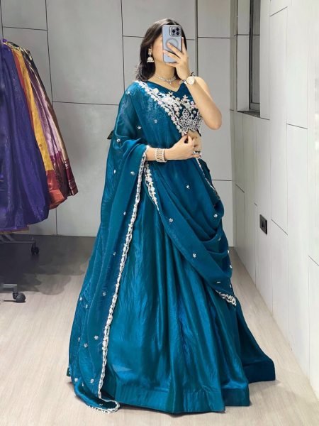 Upscale Teal Blue Women's Fendy Silk Lehenga Choli with Heavy Beads Work for Bridal Wear Designer Lehenga Choli