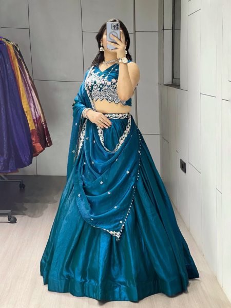 Upscale Teal Blue Women's Fendy Silk Lehenga Choli with Heavy Beads Work for Bridal Wear Designer Lehenga Choli