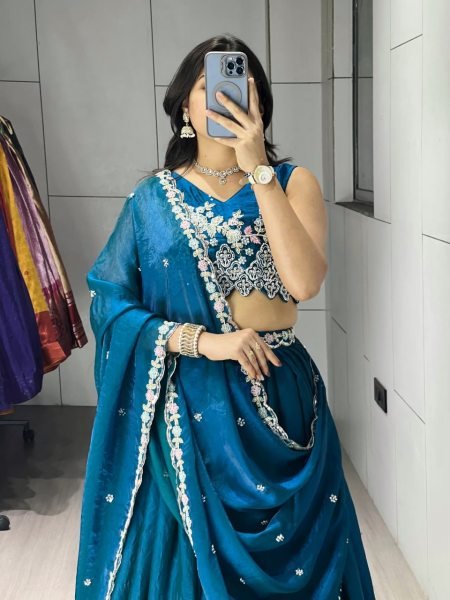 Upscale Teal Blue Women's Fendy Silk Lehenga Choli with Heavy Beads Work for Bridal Wear Designer Lehenga Choli