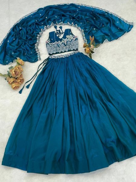 Upscale Teal Blue Women's Fendy Silk Lehenga Choli with Heavy Beads Work for Bridal Wear Designer Lehenga Choli