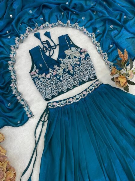 Upscale Teal Blue Women's Fendy Silk Lehenga Choli with Heavy Beads Work for Bridal Wear Designer Lehenga Choli