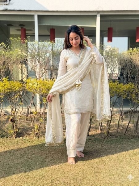Upscale White Fendi Satin Silk Kurta Farsi Salwar Dupatta Set for Women 