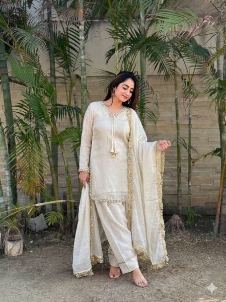 Upscale White Fendi Satin Silk Kurta Farsi Salwar Dupatta Set for Women Ready To Wear Collection