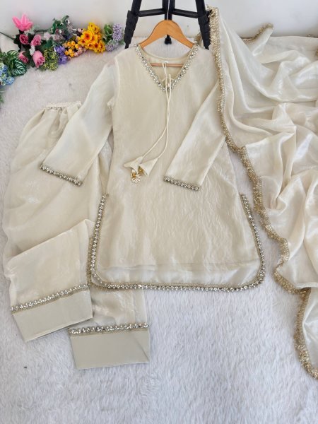 Upscale White Fendi Satin Silk Kurta Farsi Salwar Dupatta Set for Women Ready To Wear Collection