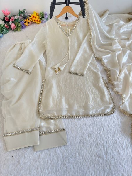 Upscale White Fendi Satin Silk Kurta Farsi Salwar Dupatta Set for Women Ready To Wear Collection