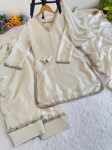 Upscale White Fendi Satin Silk Kurta Farsi Salwar Dupatta Set for Women Ready To Wear Collection