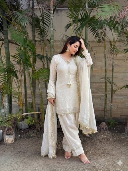 Upscale White Fendi Satin Silk Kurta Farsi Salwar Dupatta Set for Women Ready To Wear Collection