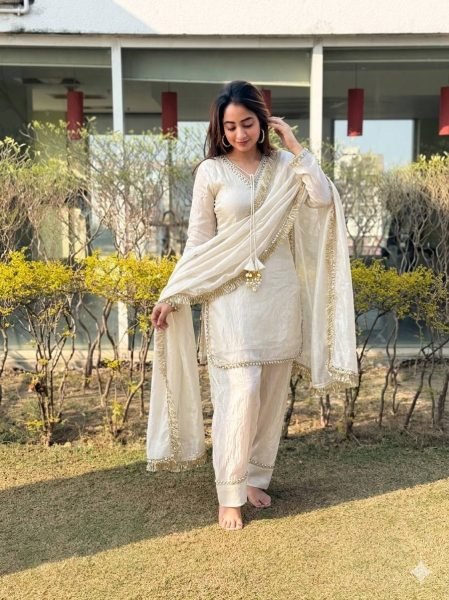 Upscale White Fendi Satin Silk Kurta Farsi Salwar Dupatta Set for Women Ready To Wear Collection