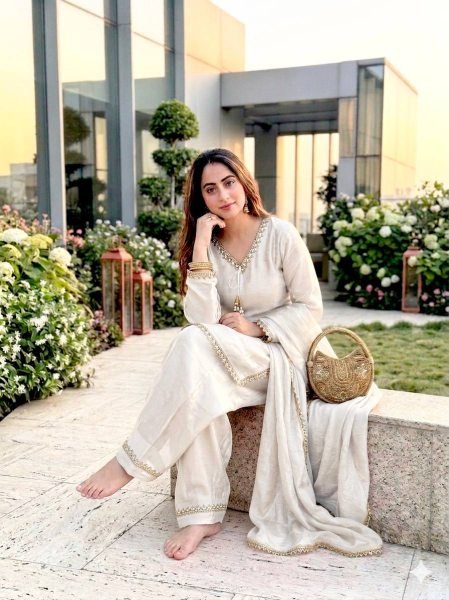 Upscale White Fendi Satin Silk Kurta Farsi Salwar Dupatta Set for Women Ready To Wear Collection
