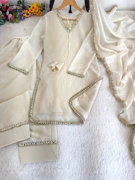 Upscale White Fendi Satin Silk Kurta Farsi Salwar Dupatta Set for Women Ready To Wear Collection
