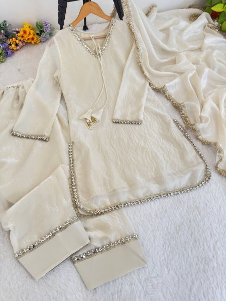 Upscale White Fendi Satin Silk Kurta Farsi Salwar Dupatta Set for Women Ready To Wear Collection