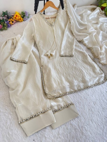 Upscale White Fendi Satin Silk Kurta Farsi Salwar Dupatta Set for Women Ready To Wear Collection