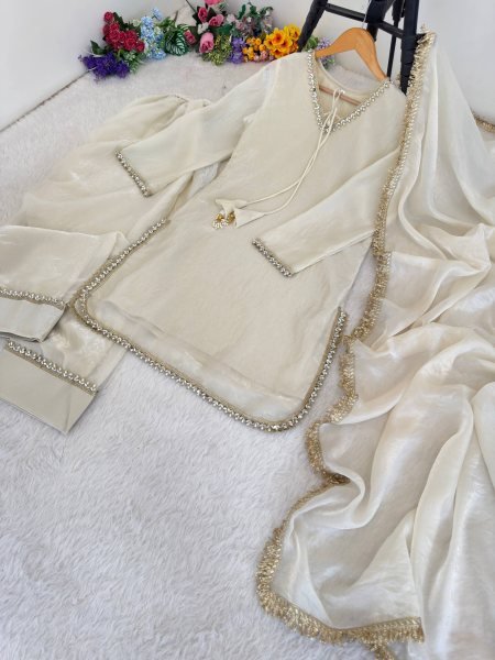 Upscale White Fendi Satin Silk Kurta Farsi Salwar Dupatta Set for Women Ready To Wear Collection