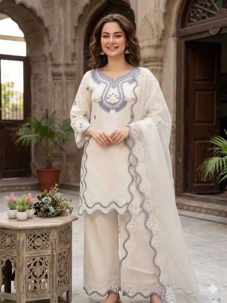 Upscale White Hania Aamir Inspired Pakistani Suit Set with Cut Work Ready To Wear Collection