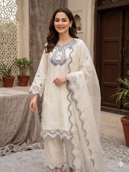 Upscale White Hania Aamir Inspired Pakistani Suit Set with Cut Work Ready To Wear Collection