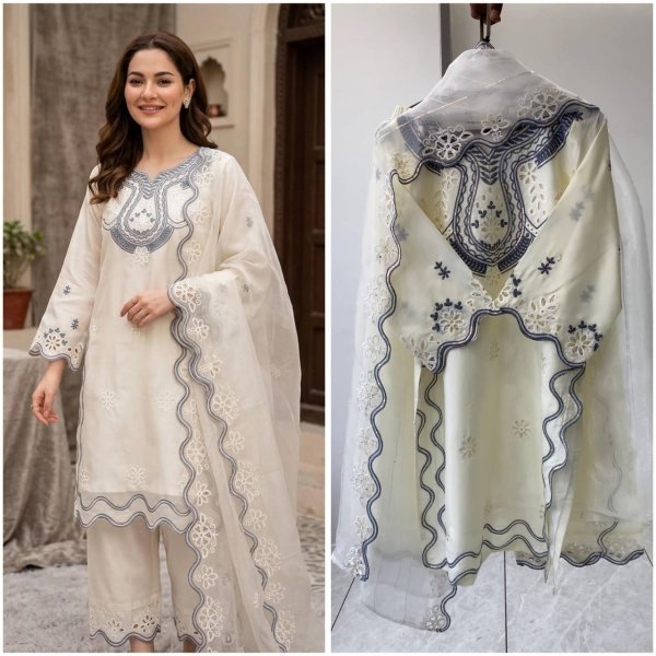 Upscale White Hania Aamir Inspired Pakistani Suit Set with Cut Work Ready To Wear Collection
