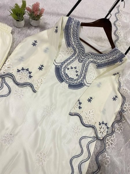 Upscale White Hania Aamir Inspired Pakistani Suit Set with Cut Work Ready To Wear Collection