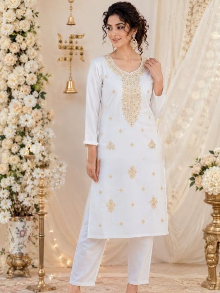 Upscale White Rayon A Line Embroidered Kurti Pant Set for Summer Wear Kurtis