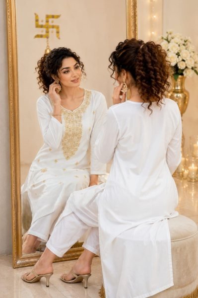 Upscale White Rayon A Line Embroidered Kurti Pant Set for Summer Wear Embroidery Kurtis 