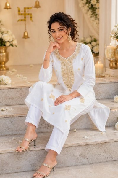 Upscale White Rayon A Line Embroidered Kurti Pant Set for Summer Wear Embroidery Kurtis 