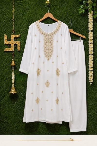 Upscale White Rayon A Line Embroidered Kurti Pant Set for Summer Wear Embroidery Kurtis 
