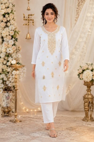 Upscale White Rayon A Line Embroidered Kurti Pant Set for Summer Wear Embroidery Kurtis 