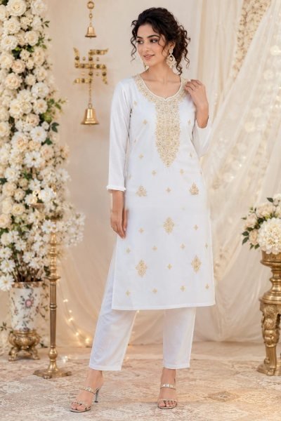 Upscale White Rayon A Line Embroidered Kurti Pant Set for Summer Wear Embroidery Kurtis 