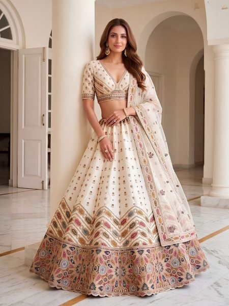 Upscale White Slub Silk Bridal Lehenga Choli with Gotta Patti  Dori Zari Embroidery and Mirror Work 