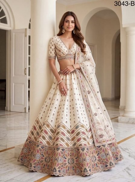 Upscale White Slub Silk Bridal Lehenga Choli with Gotta Patti  Dori Zari Embroidery and Mirror Work Bridal Lehenga Choli