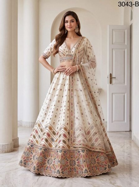 Upscale White Slub Silk Bridal Lehenga Choli with Gotta Patti  Dori Zari Embroidery and Mirror Work Bridal Lehenga Choli