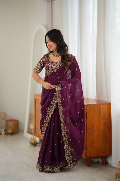Upscale Wine Heavy Fendy Silk Saree with Sequin Embroidery Work at Manufacturer  Silk Sarees Wholesale