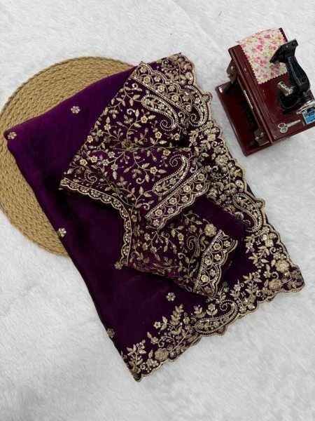 Upscale Wine Heavy Fendy Silk Saree with Sequin Embroidery Work at Manufacturer  Silk Sarees Wholesale