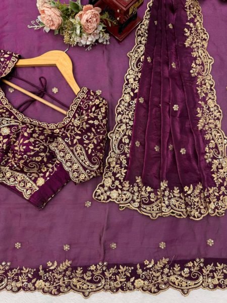 Upscale Wine Heavy Fendy Silk Saree with Sequin Embroidery Work at Manufacturer  Silk Sarees Wholesale