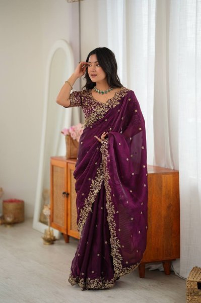 Upscale Wine Heavy Fendy Silk Saree with Sequin Embroidery Work at Manufacturer  Silk Sarees Wholesale