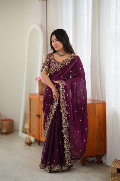 Upscale Wine Heavy Fendy Silk Saree with Sequin Embroidery Work at Manufacturer  Silk Sarees Wholesale