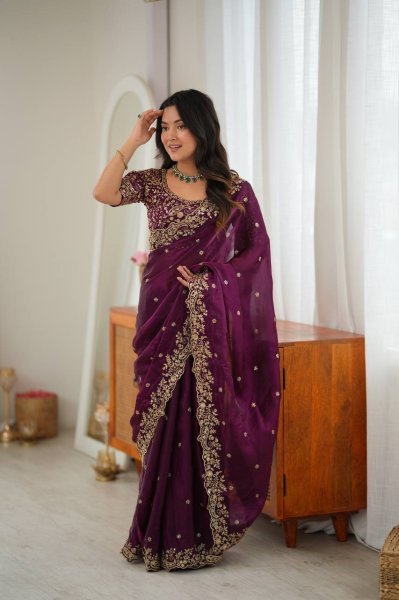 Upscale Wine Heavy Fendy Silk Saree with Sequin Embroidery Work at Manufacturer  Silk Sarees Wholesale
