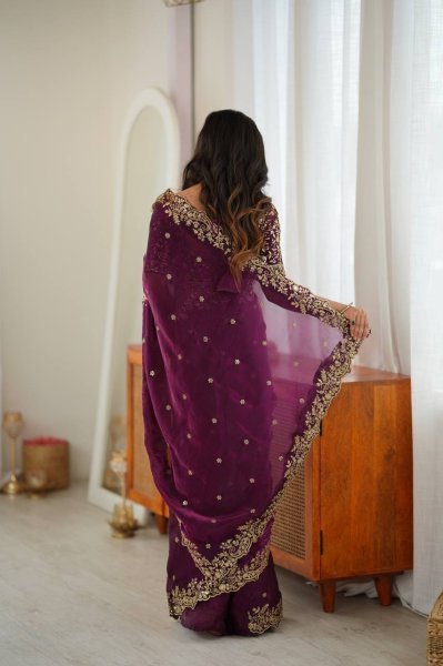 Upscale Wine Heavy Fendy Silk Saree with Sequin Embroidery Work at Manufacturer  Silk Sarees Wholesale