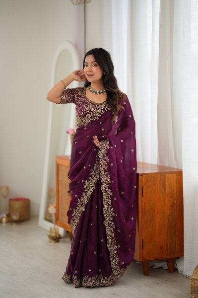 Upscale Wine Heavy Fendy Silk Saree with Sequin Embroidery Work at Manufacturer  Silk Sarees Wholesale