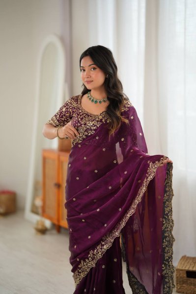 Upscale Wine Heavy Fendy Silk Saree with Sequin Embroidery Work at Manufacturer  Silk Sarees Wholesale
