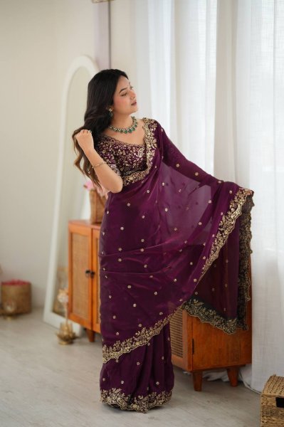 Upscale Wine Heavy Fendy Silk Saree with Sequin Embroidery Work at Manufacturer  Silk Sarees Wholesale