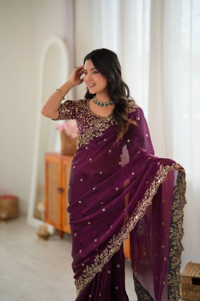 Upscale Wine Heavy Fendy Silk Saree with Sequin Embroidery Work at Manufacturer  Silk Sarees Wholesale