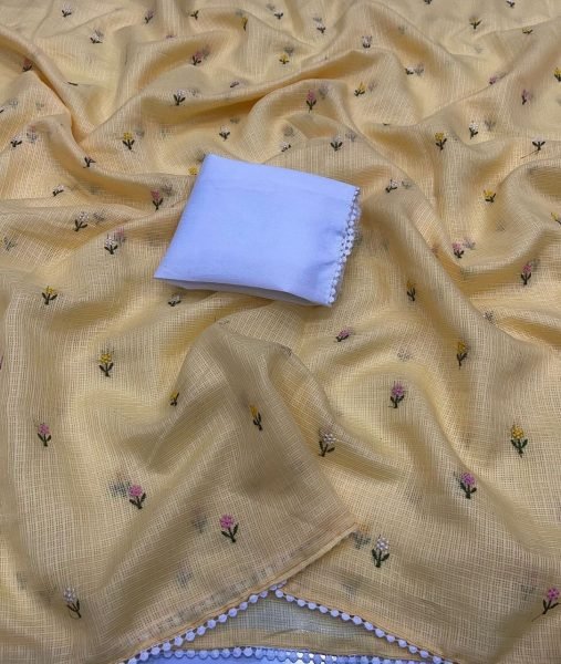 Upscale Yellow Kota Doriya Saree with Embroidery Work and Lace Border Embroidery Sarees Wholesale