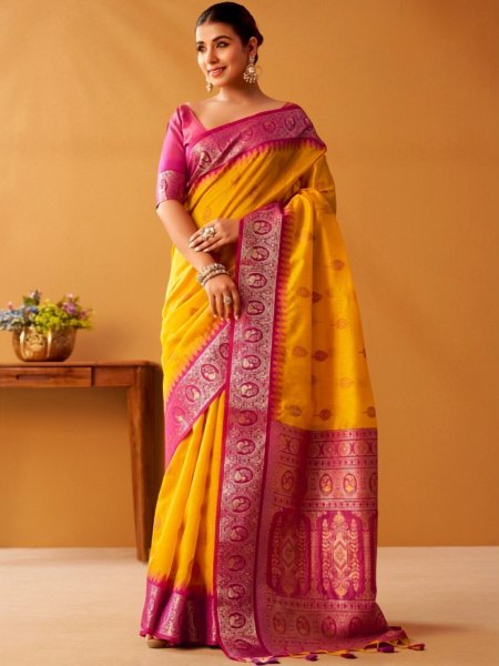 Upscale Yellow Pink Women's Modal Cotton Saree with Premium Pochampally Design 