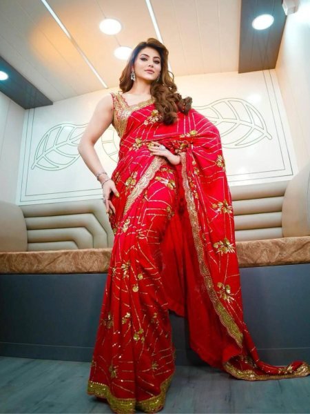 Urvashi Rautela in Glam Red Georgette Saree  Zari  & Sequin Bridal Look Sarees 