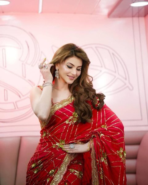 Urvashi Rautela in Glam Red Georgette Saree  Zari  & Sequin Bridal Look Bollywood Fancy Sarees Wholesale
