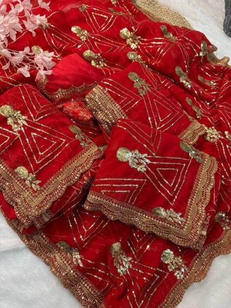 Urvashi Rautela in Glam Red Georgette Saree  Zari  & Sequin Bridal Look Bollywood Fancy Sarees Wholesale